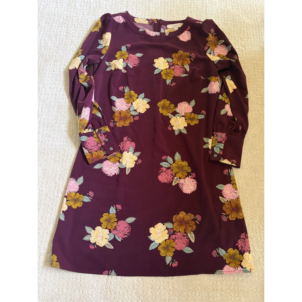 LOFT Burgundy Floral Long Sleeve Shift Dress Maroon Crew Neck Size 8